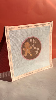 Oh Snap gingerbread holiday needlepoint ornament printed canvas with The Embroidered House branded tape