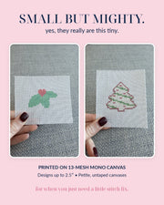 Stitch Snacks scale guide showing petite untaped 13-mesh canvases with designs up to 2.5 inches