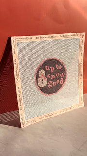 Up to Snow Good printed snowman needlepoint ornament canvas with branded taped edges